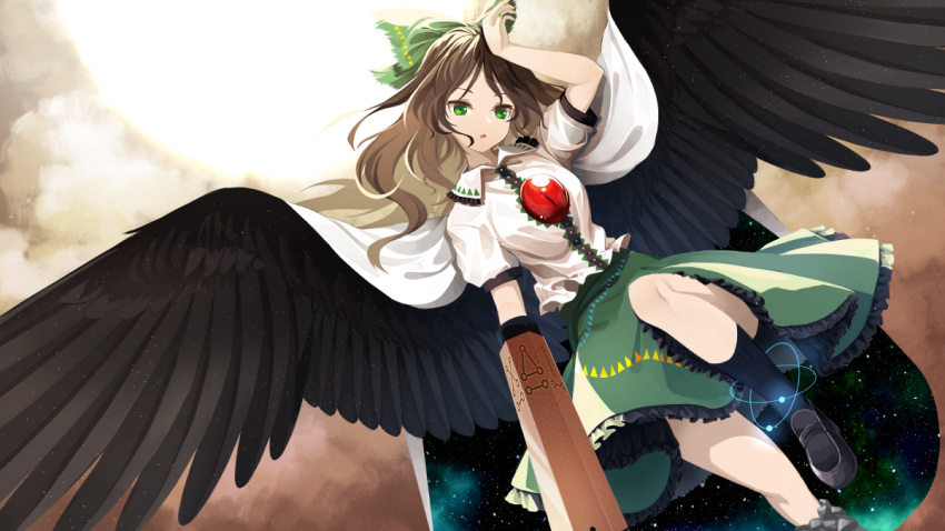 1girl, :o, akaiha_(akaihasugk), arm_cannon, black_footwear, bow, brown_hair, cape