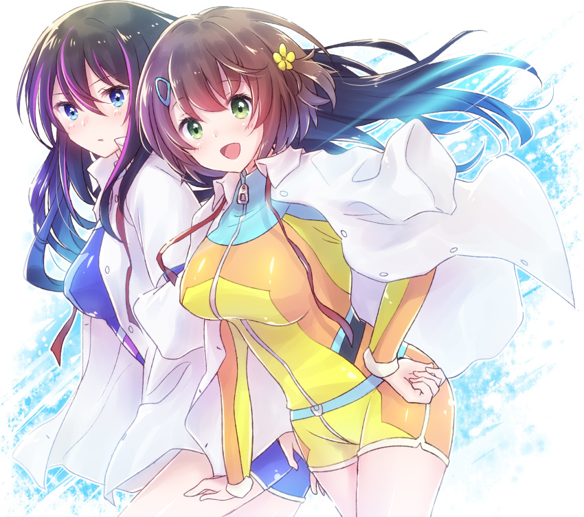 2girls, absurdres, aoi_misa, black_hair, blue_eyes, breasts, brown_hair, commentary