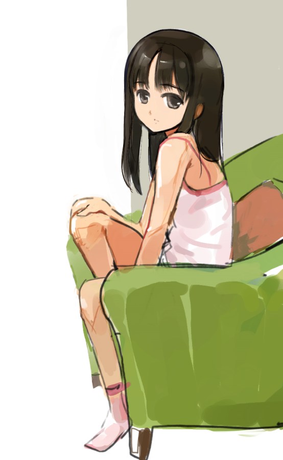 bad_id, black_eyes, black_hair, chemise, couch, hizashi_no_naka_no_real, long_hair, sitting