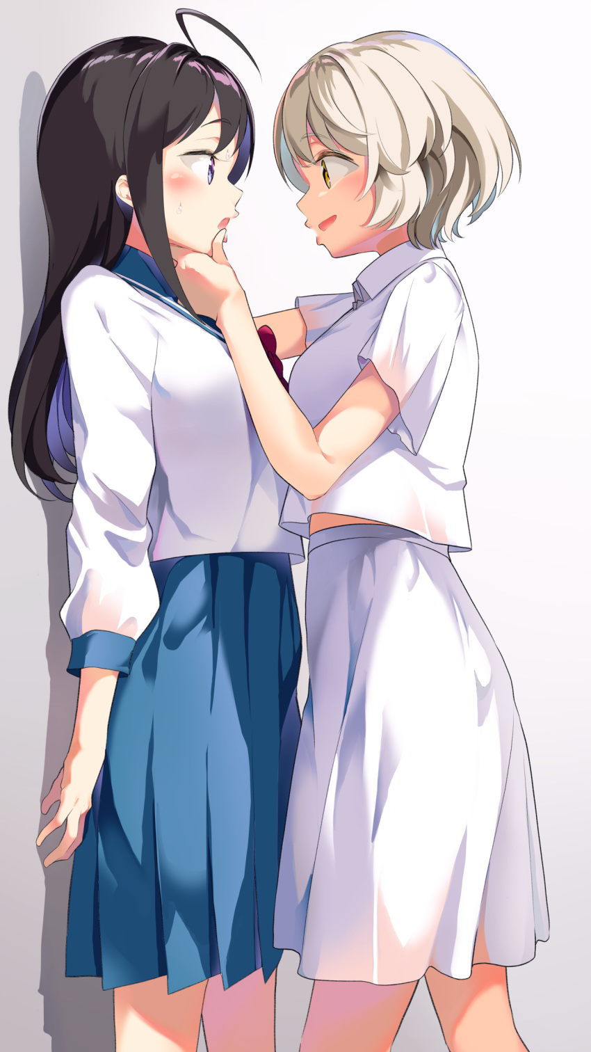 2girls, act-age, ahoge, black_hair, blonde_hair, blush, finger_to_another's_mouth, highres