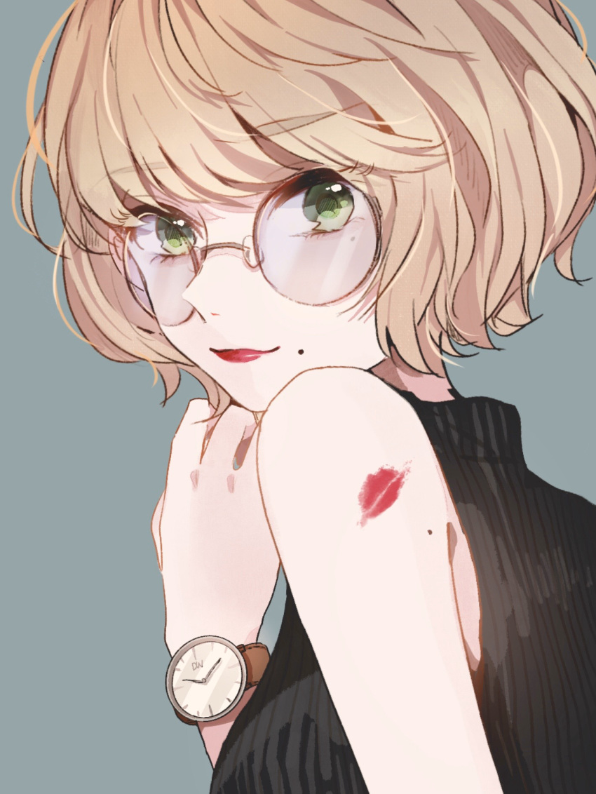 blonde_hair, bob_cut, eyebrows_visible_through_hair, from_side, glasses, green_hair, highres, hiiro