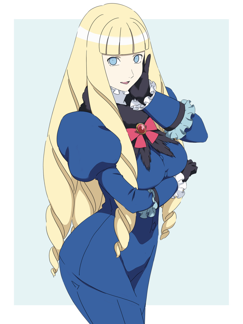 big_hair, black_gloves, blonde_hair, blue_dress, blue_eyes, dianna_soreil, dress, drill_hair, frills, gasora, gloves, gundam, hand_on_own_face, highres, jewelry, ribbon, smile, turn_a_gundam