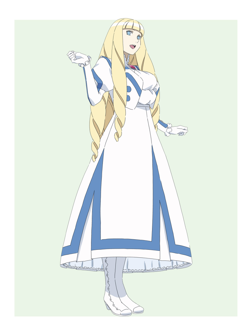 big_hair, blonde_hair, blue_eyes, boots, brooch, dianna_soreil, dress, drill_hair