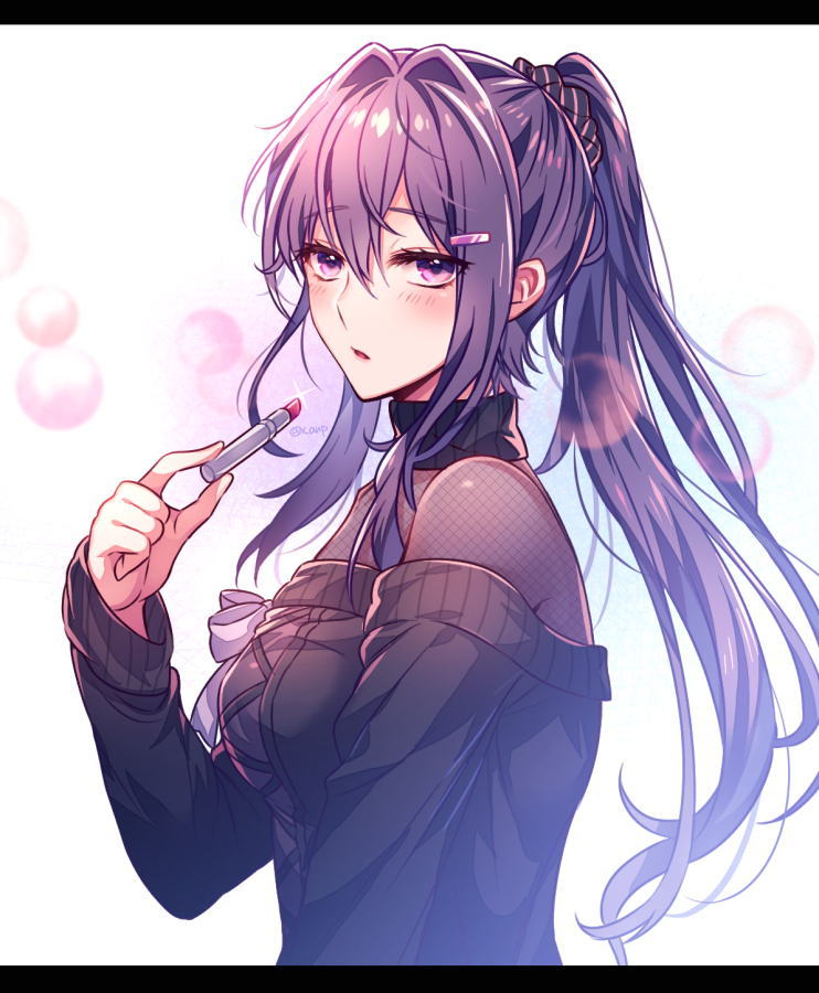 1girl, aicedrop, alternate_costume, bangs, black_choker, black_sweater, blush, bubble