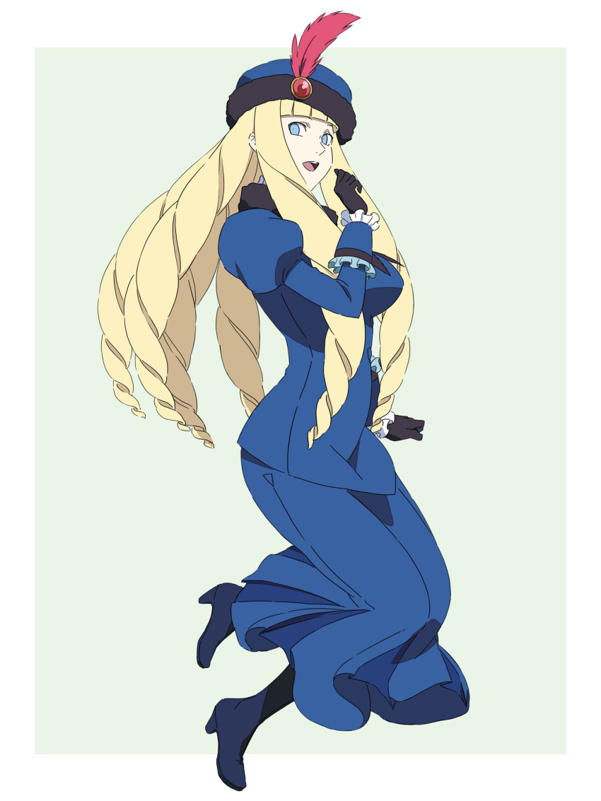 beret, big_hair, black_footwear, black_gloves, blonde_hair, blue_eyes, boots, brooch