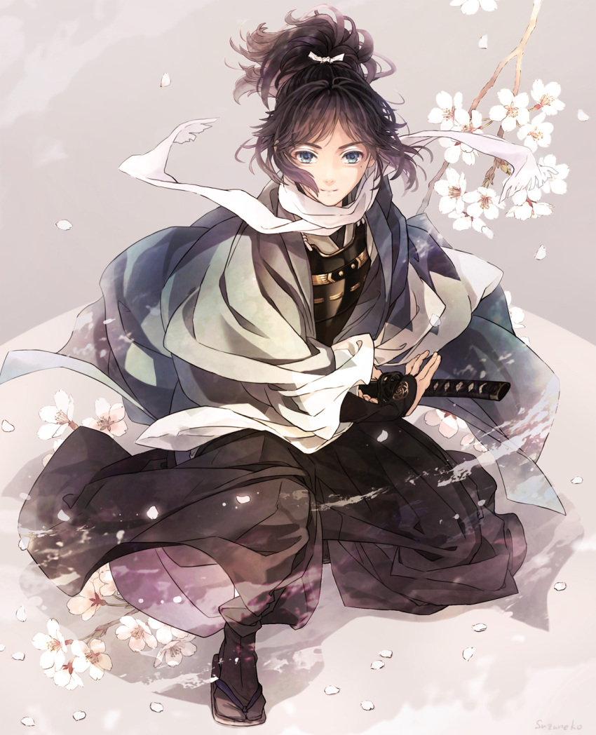 1boy, black_hair, blue_eyes, branch, cherry_blossoms, hakama, haori, highres