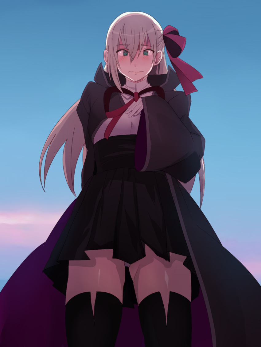 1boy, aqua_eyes, bedivere, black_legwear, blonde_hair, bow, crossdressinging, d_kake2, embarrassed, fate/grand_order, fate_(series), from_below, hair_bow, highres, long_haircloud, looking_down, panties, pantyshot, pleated_skirt, skirt, sky, solo, thigh-highs, underwear, white_panties, wide_sleeves