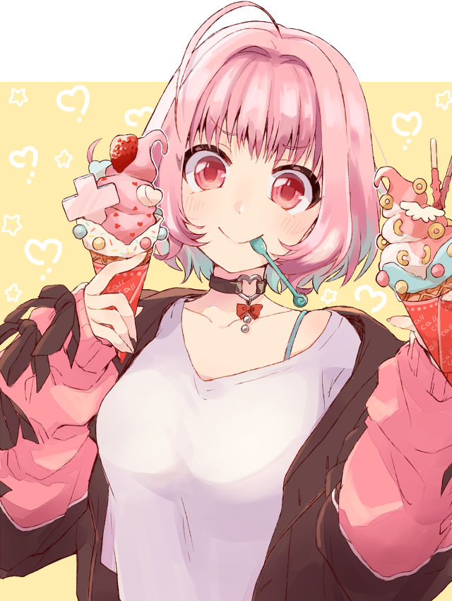 >:), 1girl, ahoge, belt_collar, beroperone, blush, bra_strap, breasts