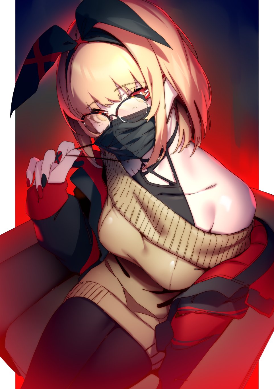 1girl, bare_shoulders, black_legwear, black_mask, black_surgical_mask, blonde_hair, chair, dress