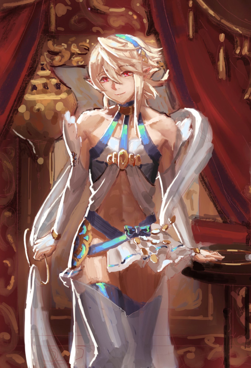 1boy, abs, arm_support, bare_shoulders, collarbone, corrin_(fire_emblem), corrin_(fire_emblem)_(male), crossdressinging