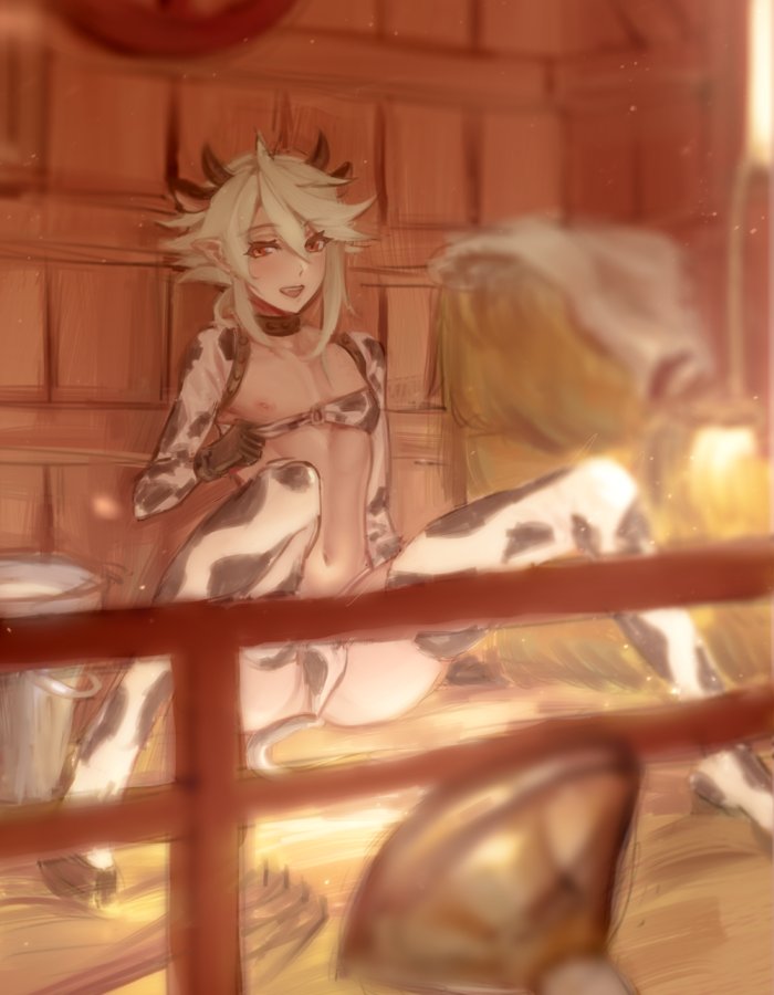 1boy, animal_ears, bikini, blonde_hair, collarbone, corrin_(fire_emblem), corrin_(fire_emblem)_(male), cow_boy, cow_ears, cow_horns, cow_tail, crossdressinging, fire_emblem, fire_emblem_fates, fire_emblem_heroes, horns, indoors, looking_at_viewer, male_focus, navel, nipples, open_mouth, otoko_no_ko, pointy_ears, red_eyes, samsara_(shuukeura), sitting, smile, solo, spread_legs, swimsuit, tail, thigh-highs, undressing