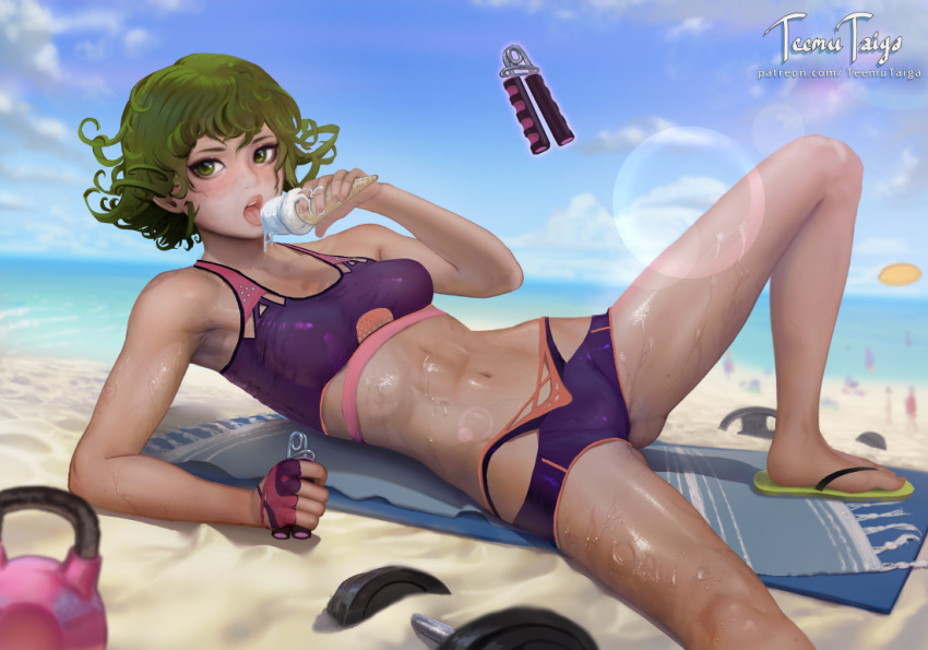 1girl, abs, beach, blurry, blurry_background, curly_hair, day, food