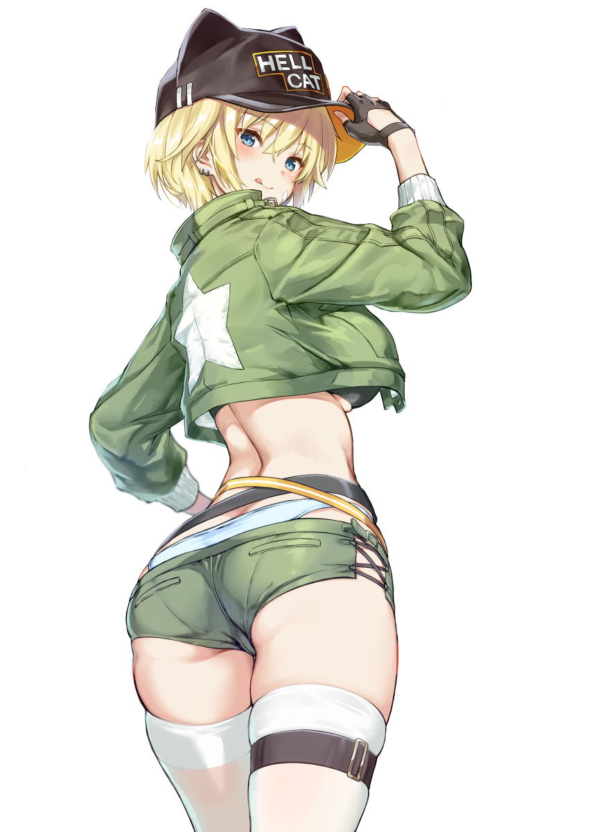 1girl, :q, adjusting_headwear, animal_hat, ash_arms, ass, back, bandage_on_face