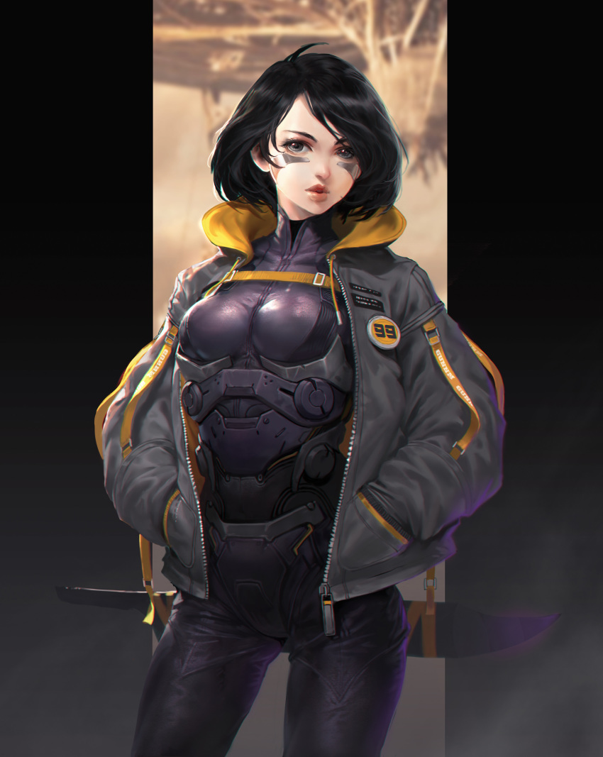 absurdres, ahoge, badge, black_hair, bodysuit, bomber_jacket, breasts, breasts_apart