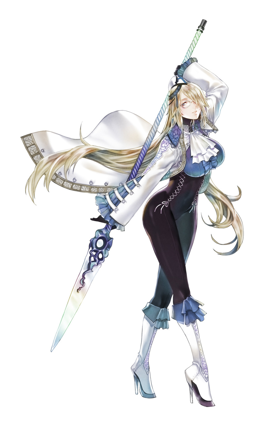 1girl, blonde_hair, bloodstained:_curse_of_the_moon_2, bloodstained_(series), boots, covered_navel, dominique_(bloodstained), frilled_sleeves