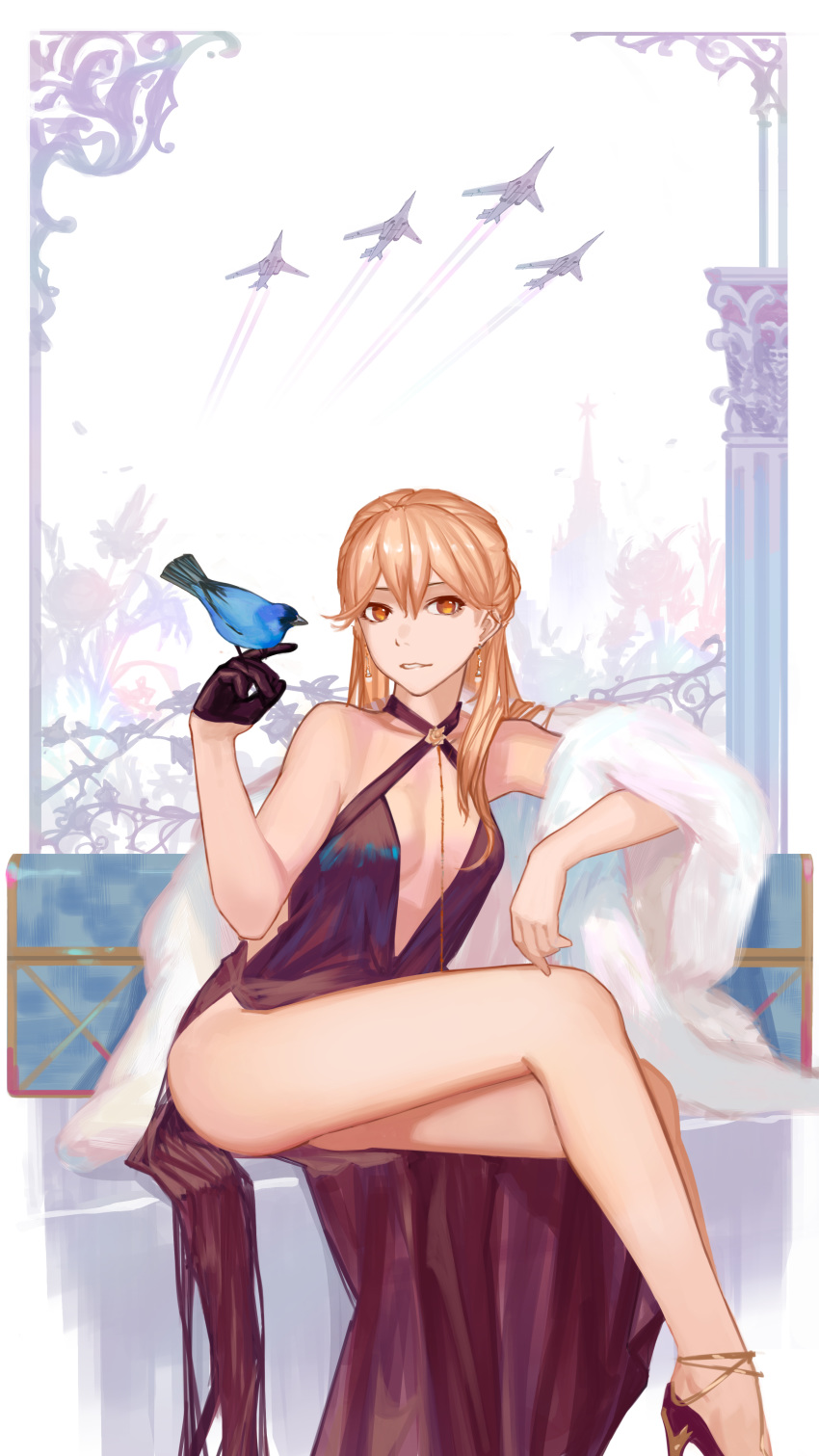 1girl, absurdres, aircraft, bare_legs, bird, black_flower, blonde_hair, breasts