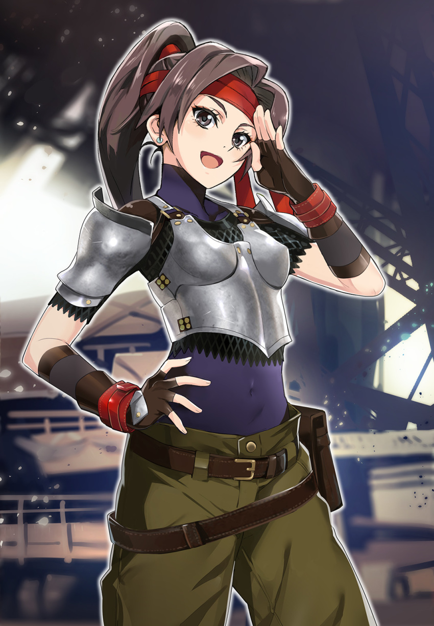 1girl, :d, armor, bangs, belt, belt_pouch, black_gloves, bodysuit_under_clothes