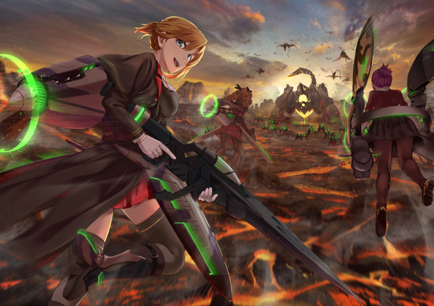 3girls, ash_arms, bangs, black_capelet, black_footwear, black_legwear, blonde_hair, blue_eyes, braid, capelet, clouds, cloudy_sky, collar, commentary, dragon, flying, from_behind, greaves, gun, holding, holding_gun, holding_weapon, hurricane_(ash_arms), lancaster_(ash_arms), long_coat, looking_at_viewer, looking_back, miniskirt, molten_rock, motion_blur, multiple_girls, open_mouth, outdoors, pleated_skirt, red_collar, red_skirt, redhead, scorpion, shigatsu_itsuka, single_horizontal_stripe, skirt, sky, smile, spitfire_(ash_arms), sunset, thigh-highs, tied_hair, twintails, weapon