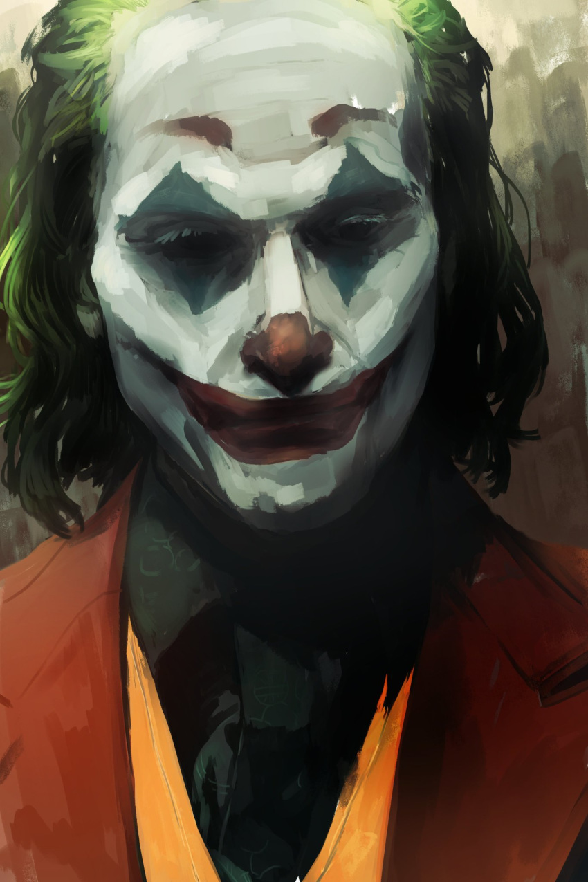 1boy, arthur_fleck, black_shirt, close-up, clown, collared_shirt, commentary_request, dc_comics