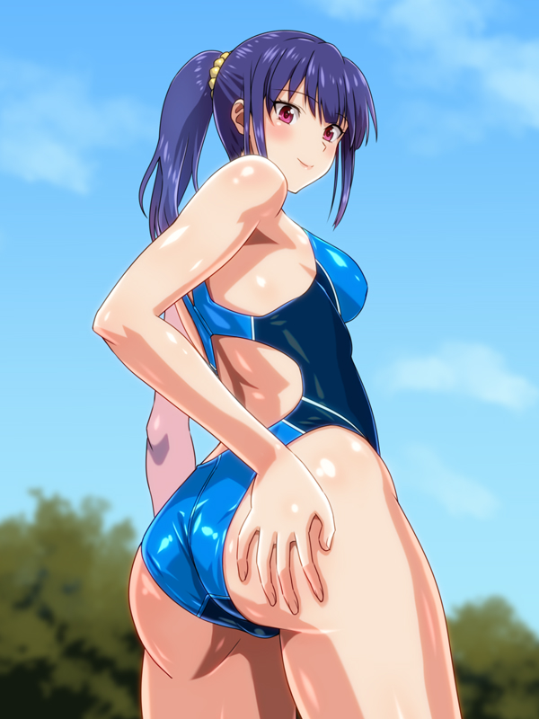 1girl, ass, blue_sky, blue_swimsuit, blurry, breasts, clouds, commentary_request