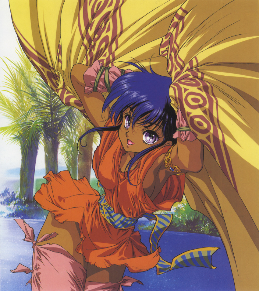1990s_(style), 1girl, armlet, arms_up, blanket, blue_eyes, blue_hair, cowboy_shot