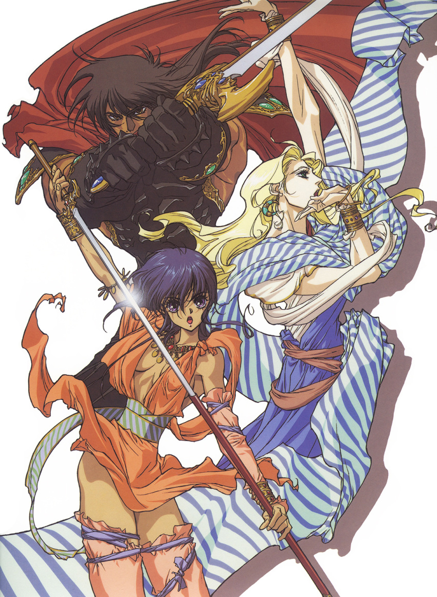1990s_(style), 1girl, 2boys, arm_up, black_hair, blonde_hair, blue_eyes, blue_hair
