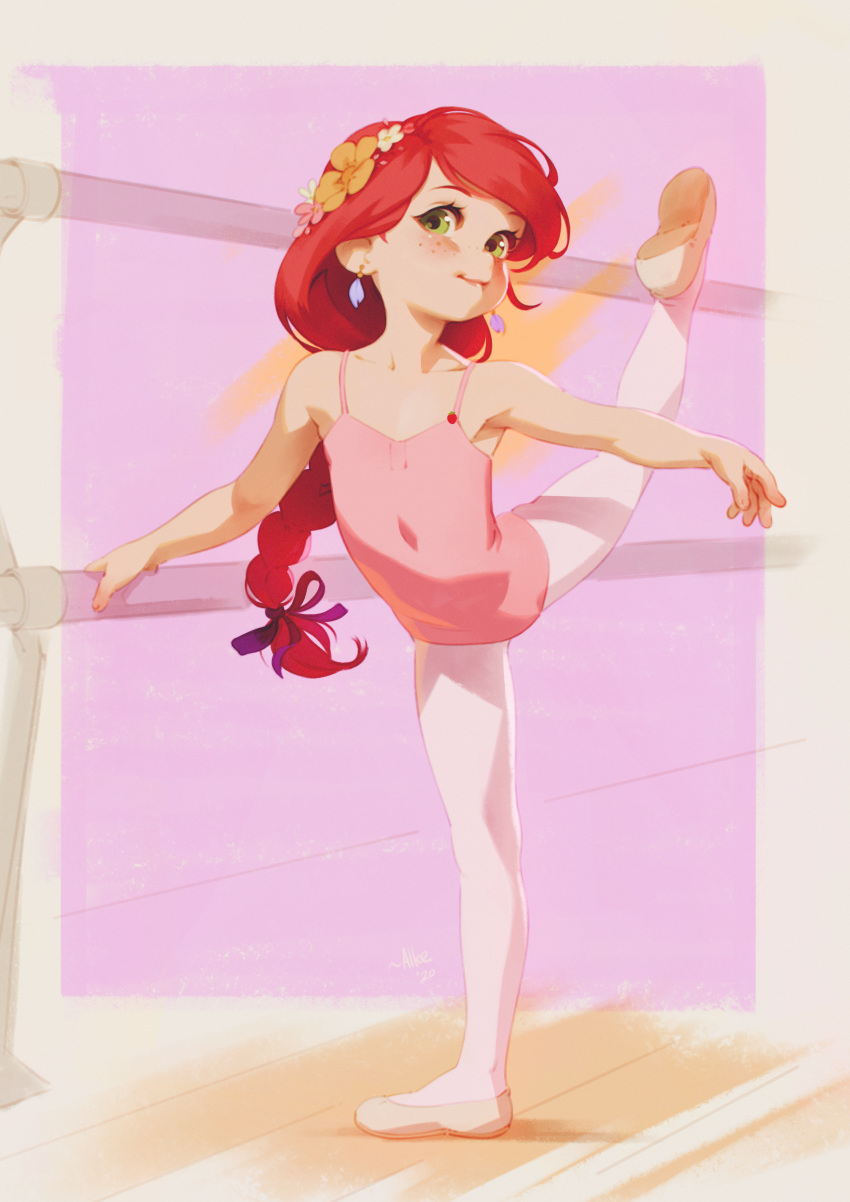 1girl, absurdres, alkemanubis, ballerina, ballet, ballet_leotard, ballet_slippers, bare_shoulders, blush, braid, child, earrings, flat_chest, flower, freckles, green_eyes, highres, huge_filesize, jewelry, leg_up, leotard, long_hair, looking_at_viewer, low-tied_long_hair, original, pantyhose, ponytail, redhead, solo, standing, standing_on_one_leg, white_legwear