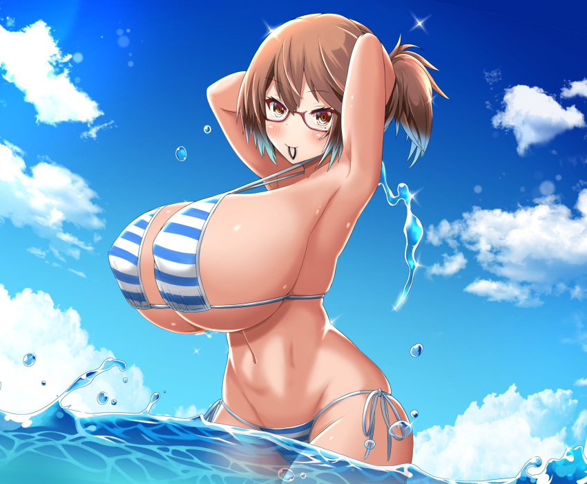 1girl, adjusting_hair, arms_behind_head, bare_shoulders, bikini, blue_sky, breasts, cowboy_shot, glasses, highres, huge_breasts, mameneko_pai, ocean, original, ponytail, ponytail_holder, red-framed_eyewear, semi-rimless_eyewear, side-tie_bikini, sky, smile, splashing, striped, striped_bikini, swimsuit, under-rim_eyewear