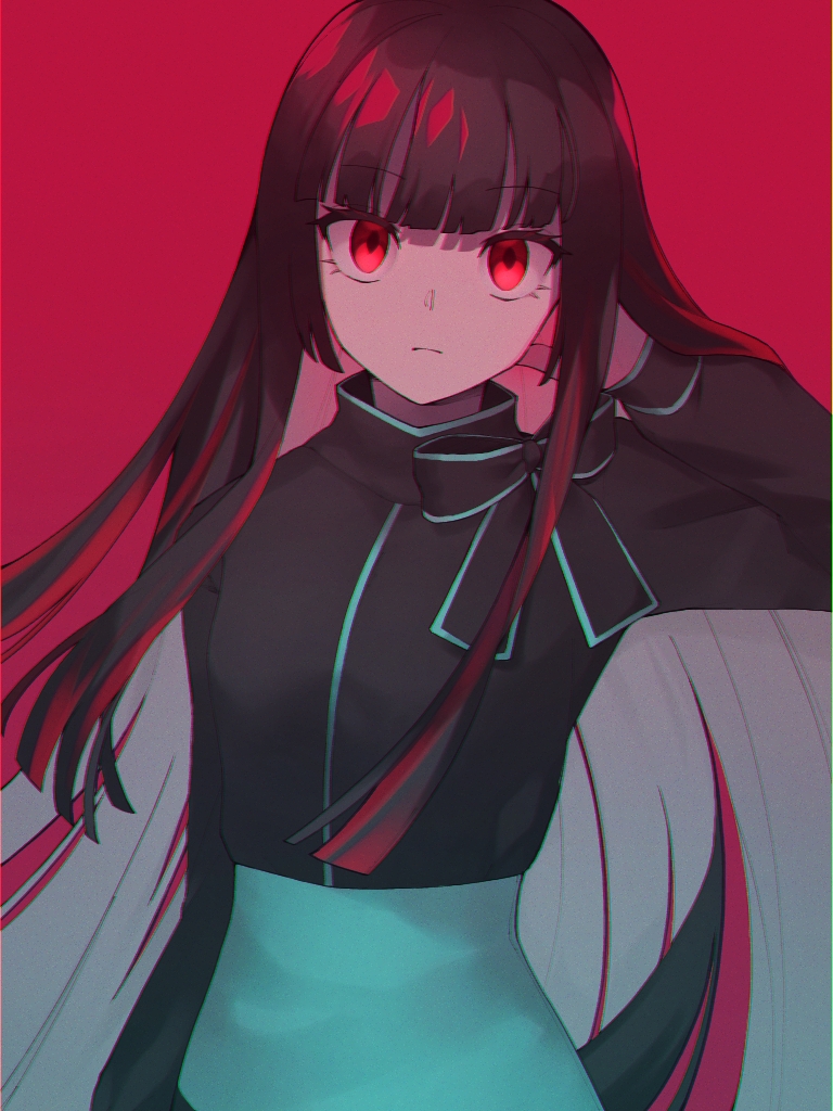 1girl, adapted_costume, as_(kamen_rider_01), atamano, bangs, black_hair, blunt_bangs, bow, eyebrows_visible_through_hair, eyelashes, frown, hand_in_hair, humagear_headphones, kamen_rider, kamen_rider_01_(series), long_hair, long_sleeves, looking_at_viewer, multicolored_hair, pink_background, red_eyes, redhead, robot_ears, shiny, shiny_hair, simple_background, solo, streaked_hair, two-tone_hair, very_long_hair