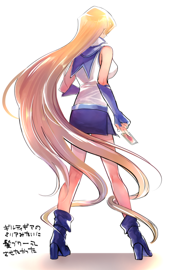 1girl, absurdly_long_hair, blonde_hair, blue_footwear, blue_gloves, blue_skirt, breasts, card