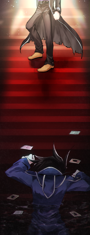 2boys, belt, belt_buckle, black_belt, black_pants, blue_jacket, buckle, defeat