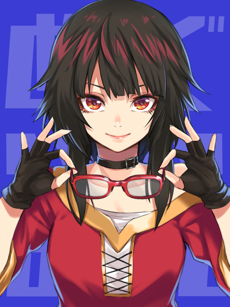 1girl, bangs, bare_shoulders, black_choker, black_gloves, black_hair, blue_background, choker