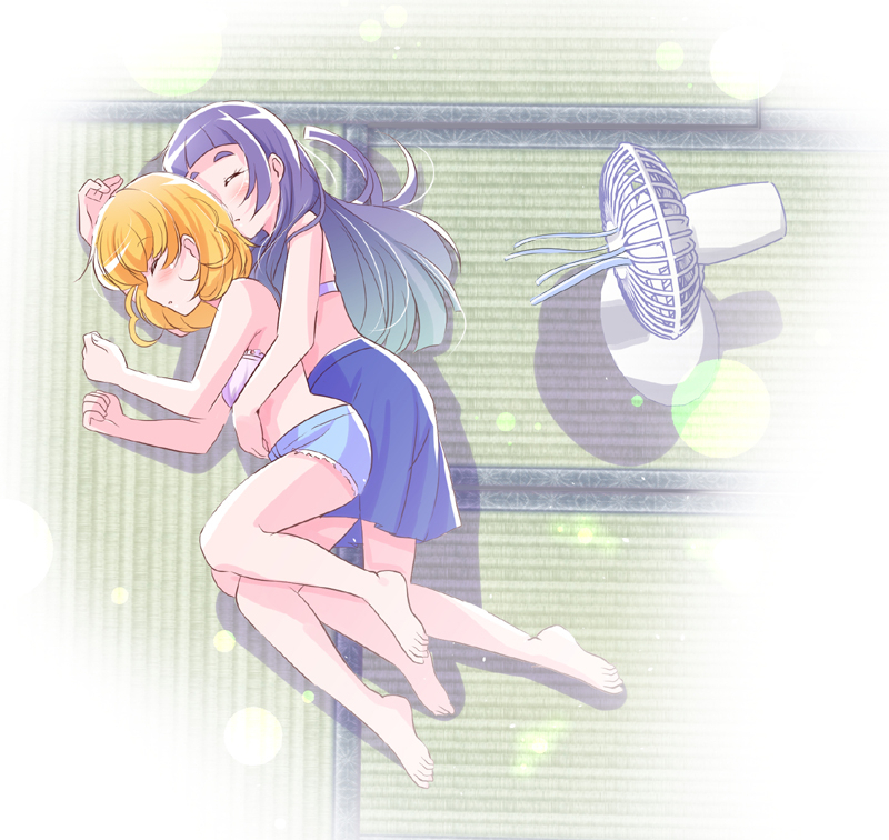 2girls, asahina_mirai, bare_arms, bare_legs, bare_shoulders, barefoot, blue_shorts, blue_skirt