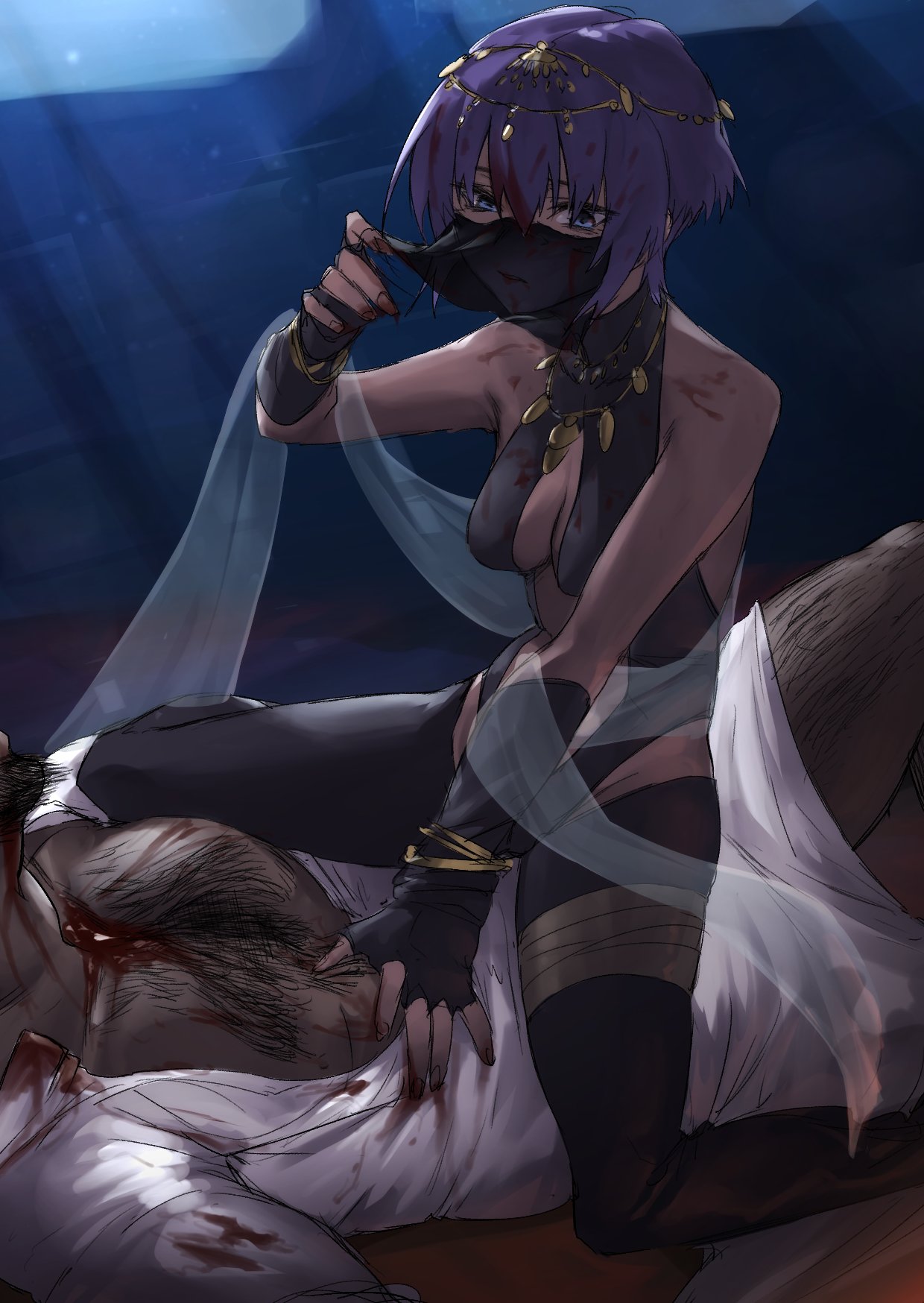 1boy, 1girl, arabian_clothes, belly_chain, black_leotard, blood, blood_on_face, blood_splatter