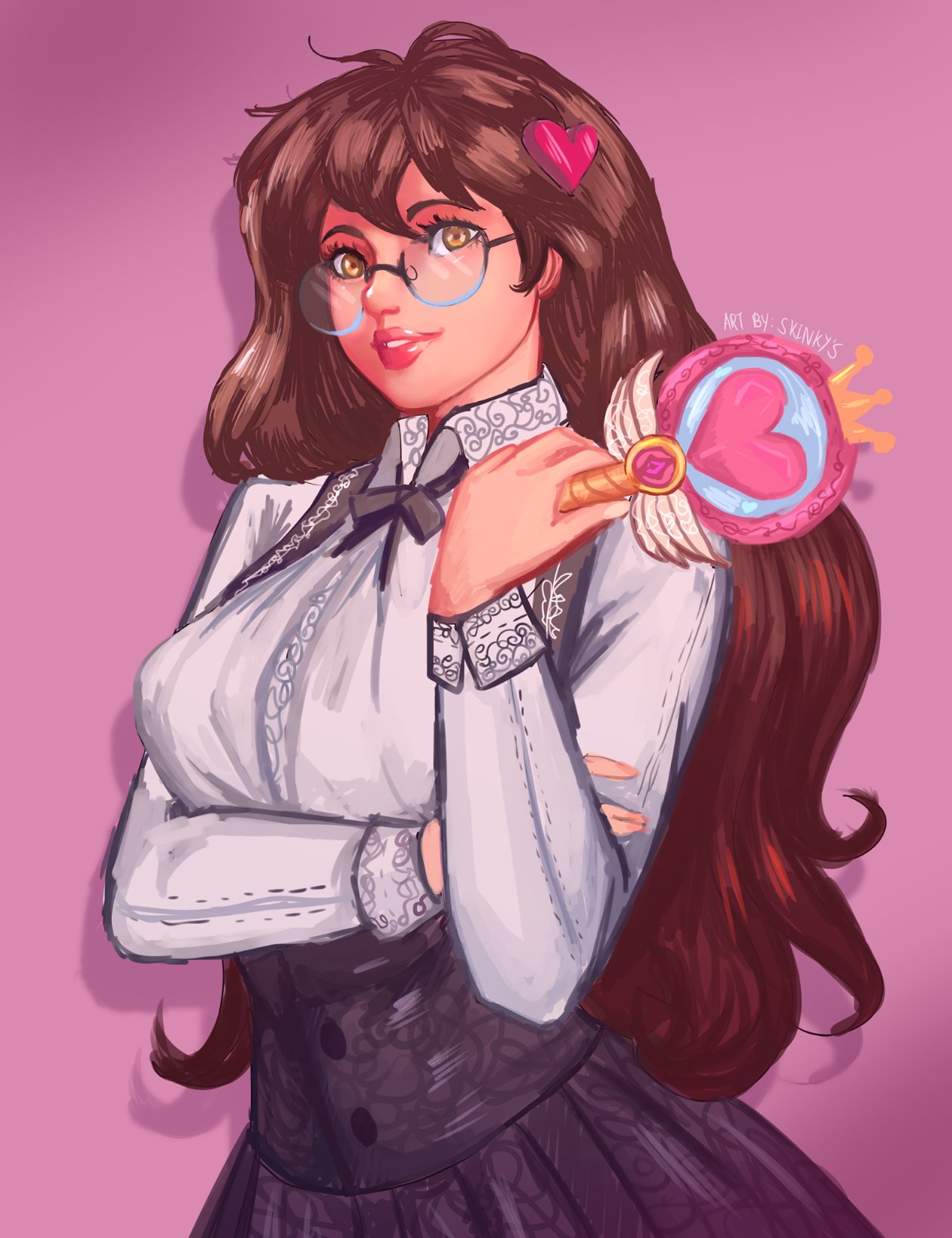 1girl, bangs, black_neckwear, black_ribbon, borrowed_character, breasts, brown_hair, collared_shirt, english_commentary, hair_ornament, heart, heart_hair_ornament, highres, large_breasts, long_hair, long_sleeves, original, parted_lips, pink_background, ribbon, shadow, shirt, signature, sleinyeswownc, solo, third-party_source, upper_body, white_shirt, yellow_eyes