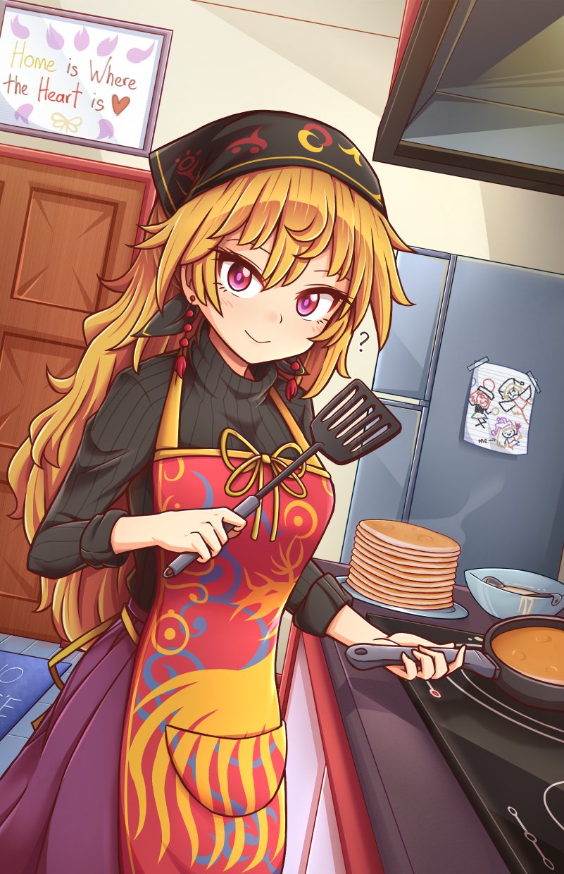 1girl, ?, adapted_costume, apron, black_shirt, blonde_hair, closed_mouth, clownpiece