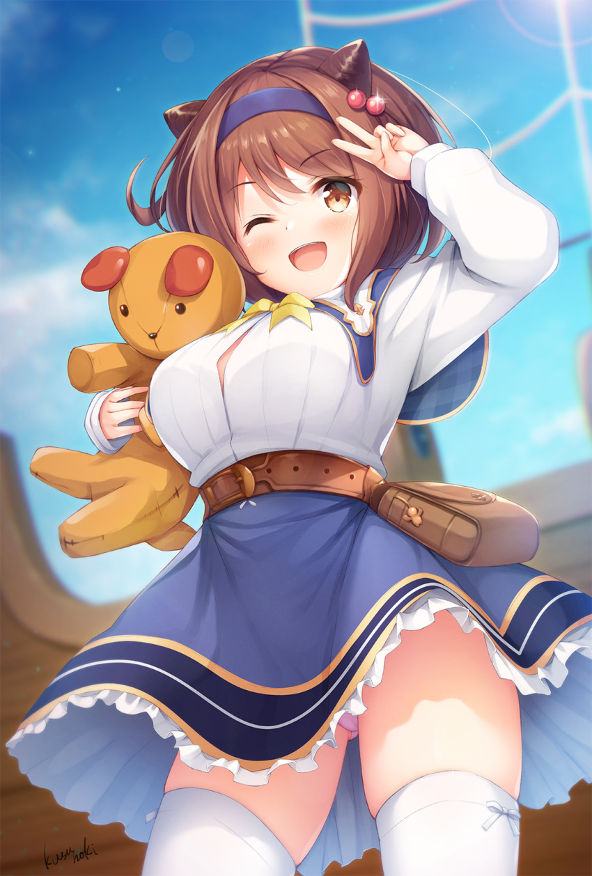 1girl, ;d, arm_up, ass_visible_through_thighs, bangs, belt, blue_hairband, blue_skirt
