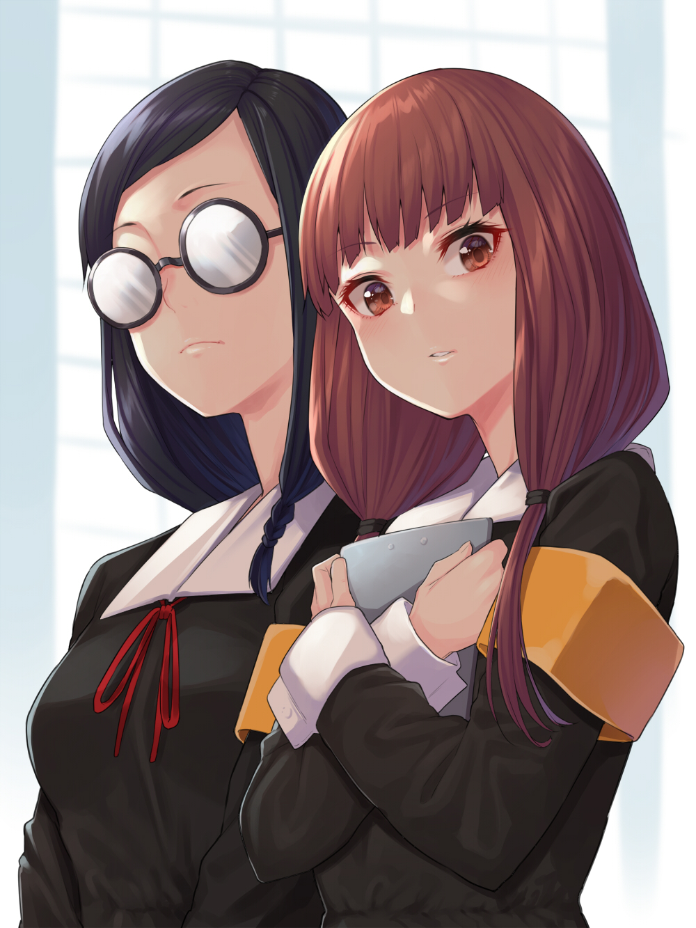 2girls, bangs, black_dress, black_hair, blunt_bangs, blush, book, braid