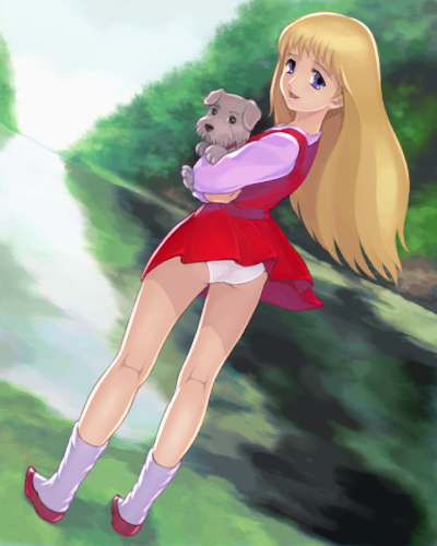 blue_eyes, dancougar, dog, laura_sullivan, long_hair, looking_back, lowres, oekaki, panties, underwear, wind_lift