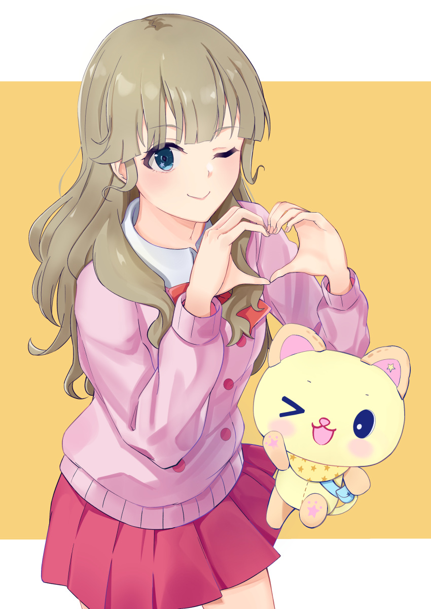 1girl, absurdres, blue_eyes, bow, brown_hair, collar, heart, heart_hands