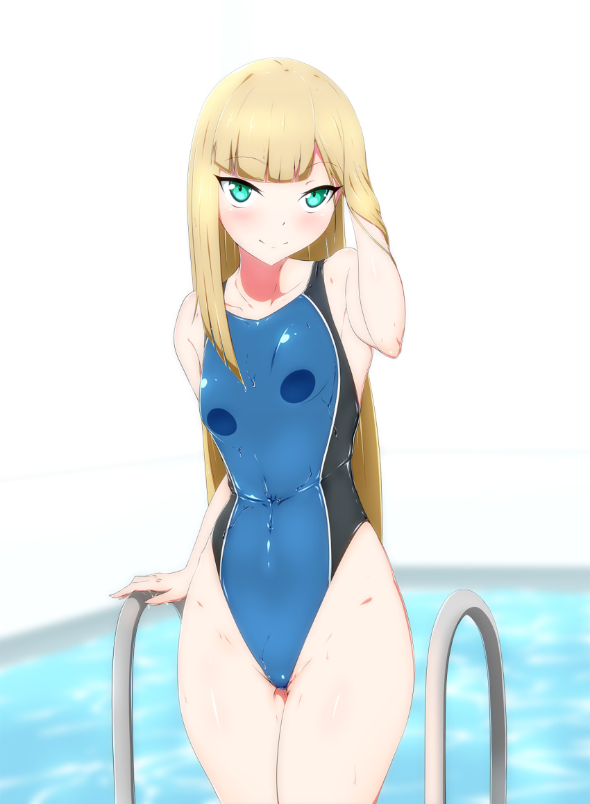 1girl, bangs, blonde_hair, blue_swimsuit, blunt_bangs, blurry, collarbone, competition_swimsuit