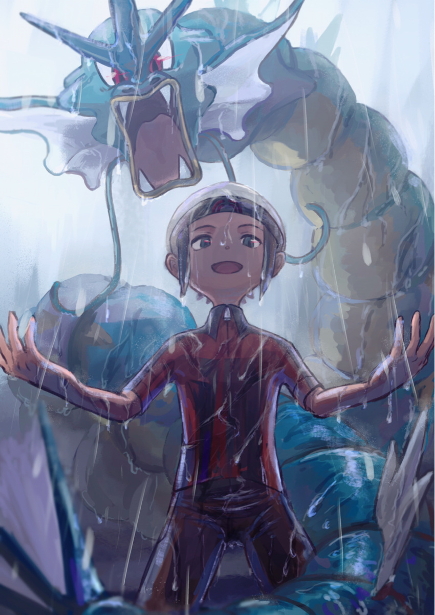 1boy, absurdres, gen_1_pokemon, gyarados, hat, highres, open_mouth, pants