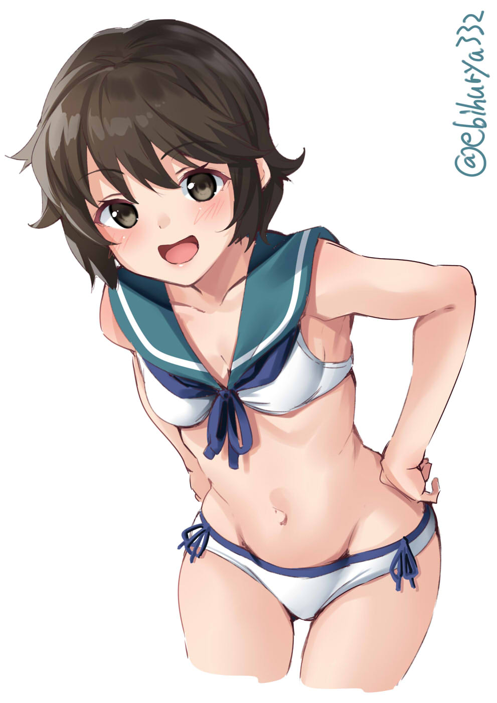 1girl, adapted_costume, bikini, blue_sailor_collar, blush, breasts, brown_eyes, brown_hair