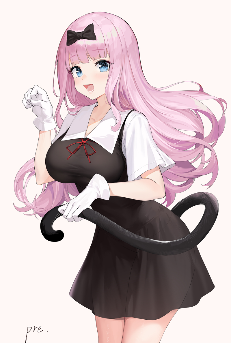 1girl, :d, black_dress, blue_eyes, bow, breasts, cat_tail, cowboy_shot