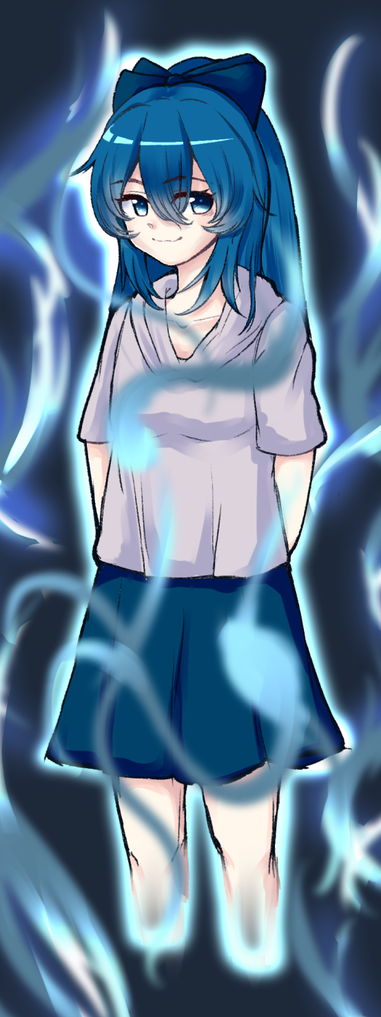 1girl, 367gou, arms_behind_back, blue_bow, blue_eyes, blue_fire, blue_hair, blue_skirt, bow, commentary_request, eyebrows_visible_through_hair, feet_out_of_frame, fire, hair_bow, highres, hood, hoodie, long_hair, looking_at_viewer, looking_to_the_side, simple_background, skirt, smile, solo, standing, touhou, yorigami_shion