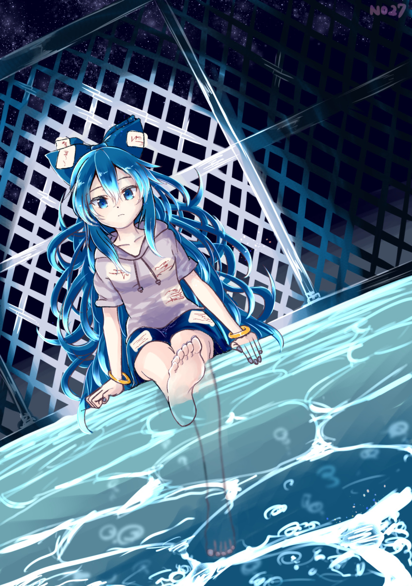 1girl, 367gou, bangle, barefoot, blue_bow, blue_eyes, blue_hair, blue_skirt