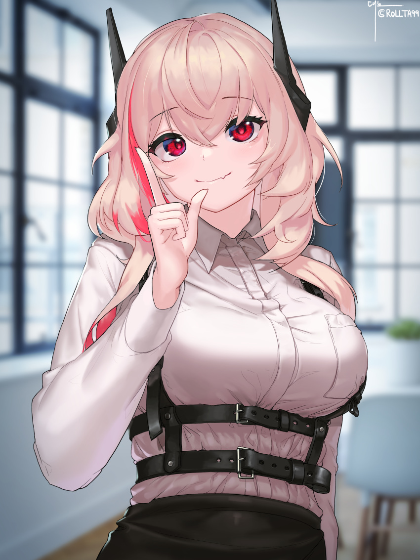 1girl, absurdres, bangs, blurry, blurry_background, breasts, closed_mouth, collared_shirt, daeno, dress_shirt, eyebrows_visible_through_hair, girls_frontline, harness, headgear, highres, large_breasts, light_brown_hair, long_hair, long_sleeves, looking_at_viewer, m4_sopmod_ii_(girls_frontline), photo_background, red_eyes, redhead, shirt, smile, solo, white_shirt