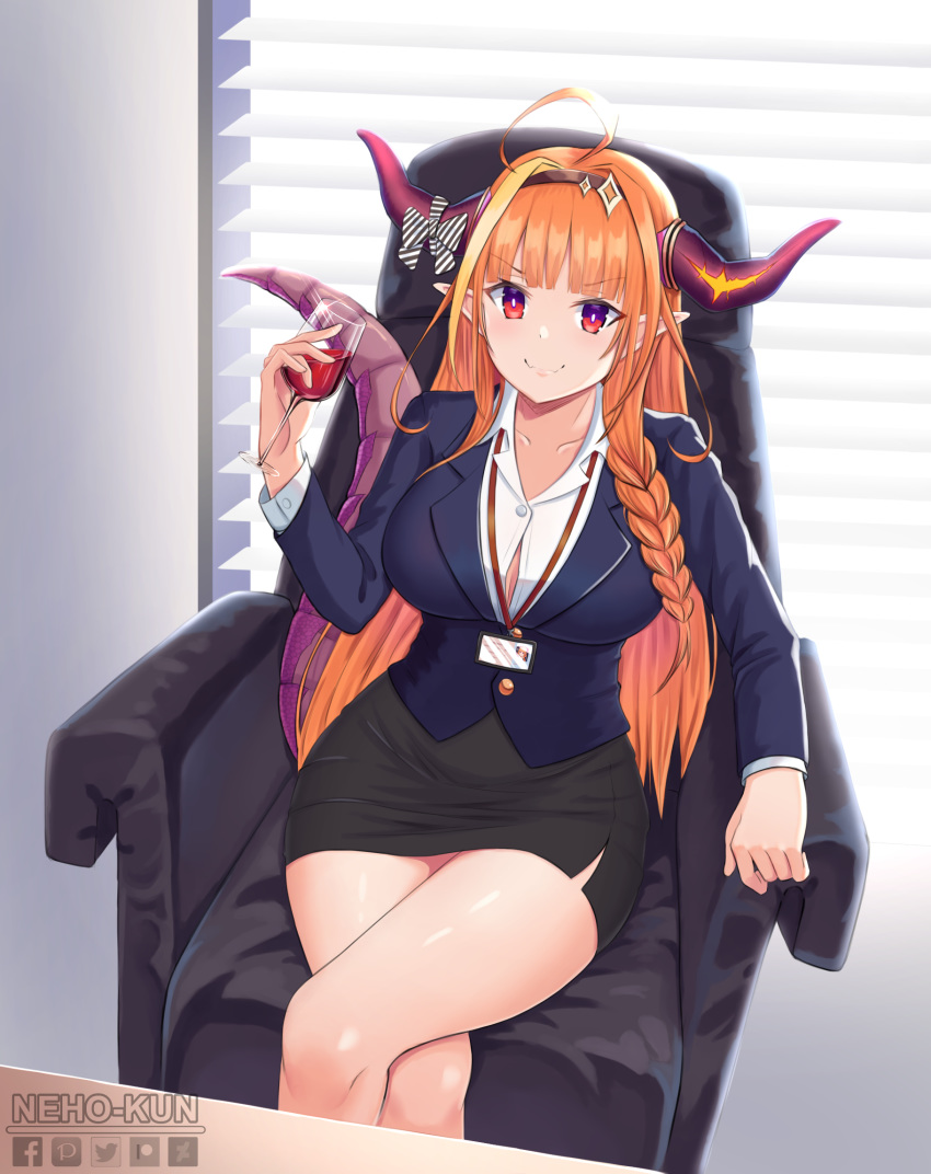 1girl, ahoge, alcohol, armchair, artist_name, bangs, black_skirt, blazer