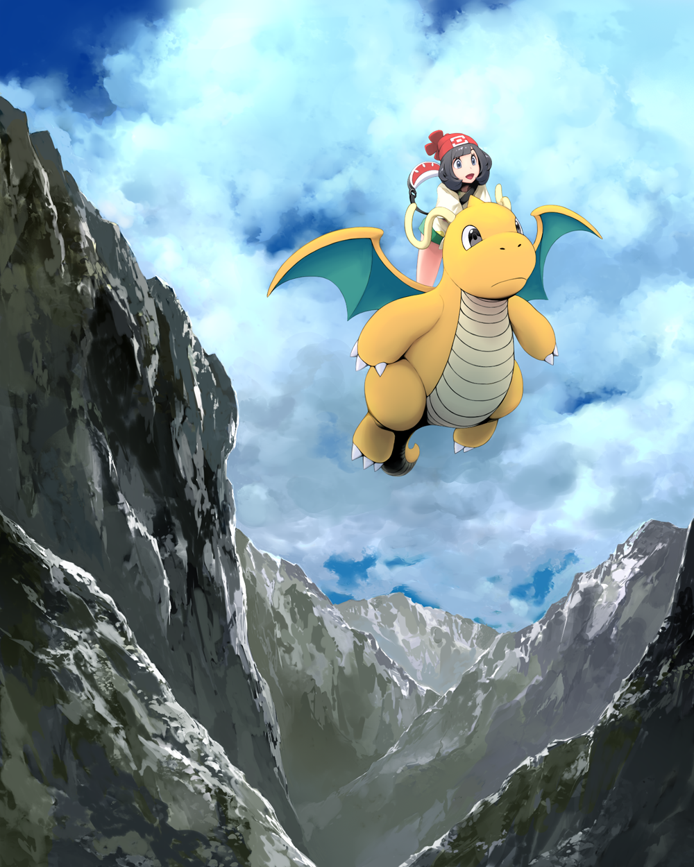 1girl, :d, bag, bangs, beanie, black_hair, clouds, commentary_request, day, dragonite, fly_(pokemon), flying, gen_1_pokemon, hat, highres, mizuki_(pokemon), mk_(mikka), open_mouth, outdoors, pokemon, pokemon_(creature), pokemon_(game), pokemon_sm, red_headwear, riding_pokemon, rock, shirt, short_hair, shorts, sky, smile, tied_shirt, tongue