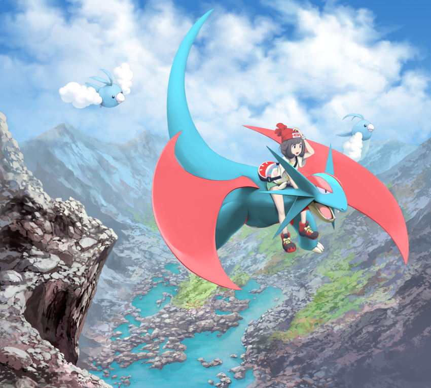 1girl, bag, bangs, beanie, black_hair, clouds, commentary_request, day, fly_(pokemon), flying, gen_3_pokemon, hand_on_headwear, hat, mizuki_(pokemon), mk_(mikka), open_mouth, outdoors, pokemon, pokemon_(creature), pokemon_(game), pokemon_sm, red_headwear, riding_pokemon, rock, salamence, shirt, short_hair, short_sleeves, shorts, sky, swablu, tied_shirt